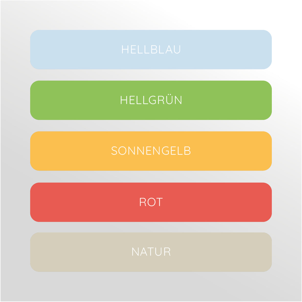 Die Abbildung zeigt eine Sammlung von fünf farbigen Balken mit deutschen Textbeschriftungen, die jeweils eine andere Farbe repräsentieren. Von oben nach unten sind die Farben und ihre entsprechenden deutschen Bezeichnungen: Hellblau, Hellgrün, Sonnengelb, Rot und Natur (Beige). Die Balken sind vor einem hellgrauen Hintergrund angeordnet. Dieses Bild könnte für Diskussionen über Farbtheorie, Designentscheidungen oder zur Veranschaulichung einer einfachen Farbpalette in diesen spezifischen Farbtönen relevant 