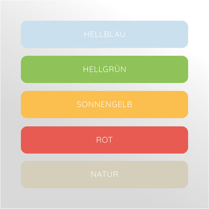 Die Abbildung zeigt eine Sammlung von fünf farbigen Balken mit deutschen Textbeschriftungen, die jeweils eine andere Farbe repräsentieren. Von oben nach unten sind die Farben und ihre entsprechenden deutschen Bezeichnungen: Hellblau, Hellgrün, Sonnengelb, Rot und Natur (Beige). Die Balken sind vor einem hellgrauen Hintergrund angeordnet. Dieses Bild könnte für Diskussionen über Farbtheorie, Designentscheidungen oder zur Veranschaulichung einer einfachen Farbpalette in diesen spezifischen Farbtönen relevant 